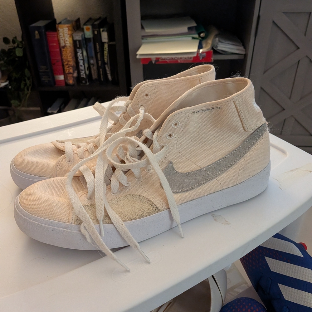 Canvas High-Top Sneakers in Cream with Silver Swoosh Men's 9.5
